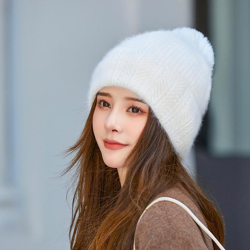 Women Winter Knit Beanie Hat Rabbit Fur Womens Winter Hats