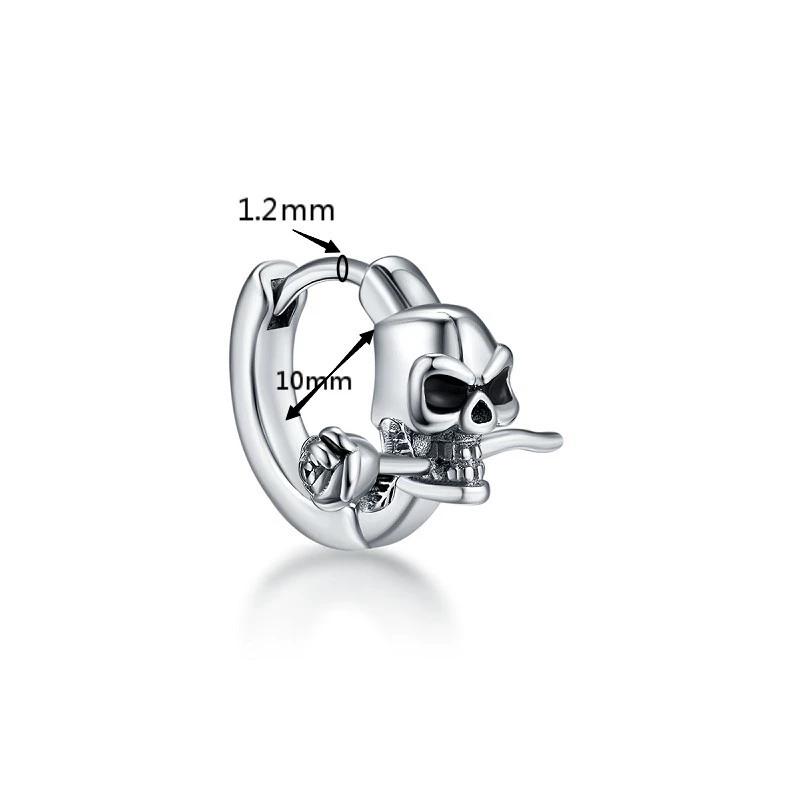 925 Sterling Silver Skull Stud Mens Earrings Vintage Black Earring Men Punk Skeleton Studs for Men Biker Jewelry 1pcs