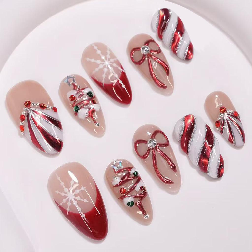 30 pieces of double gilt almond wearable nail high-end check bow diamond Christmas tree nail art