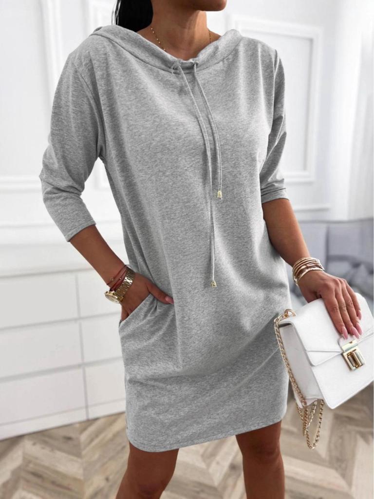 2026 Damen Mode Lässig Stehkragen Kordelzug 3/4 Ärmel Mit Kapuze Sweatshirt Kleid