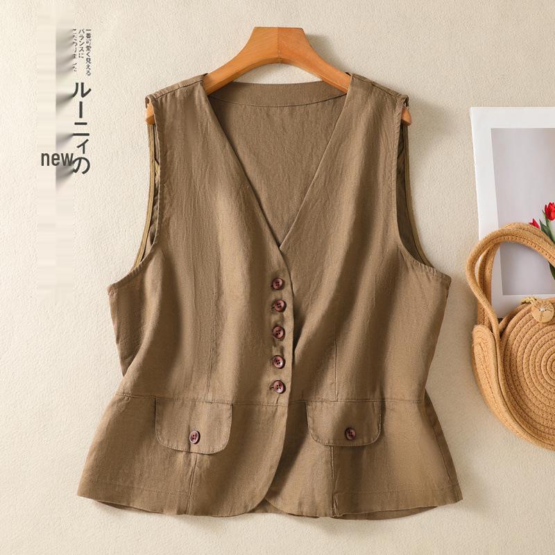 Women's Summer Simple V-neck Cotton Linen Vest Outerwear