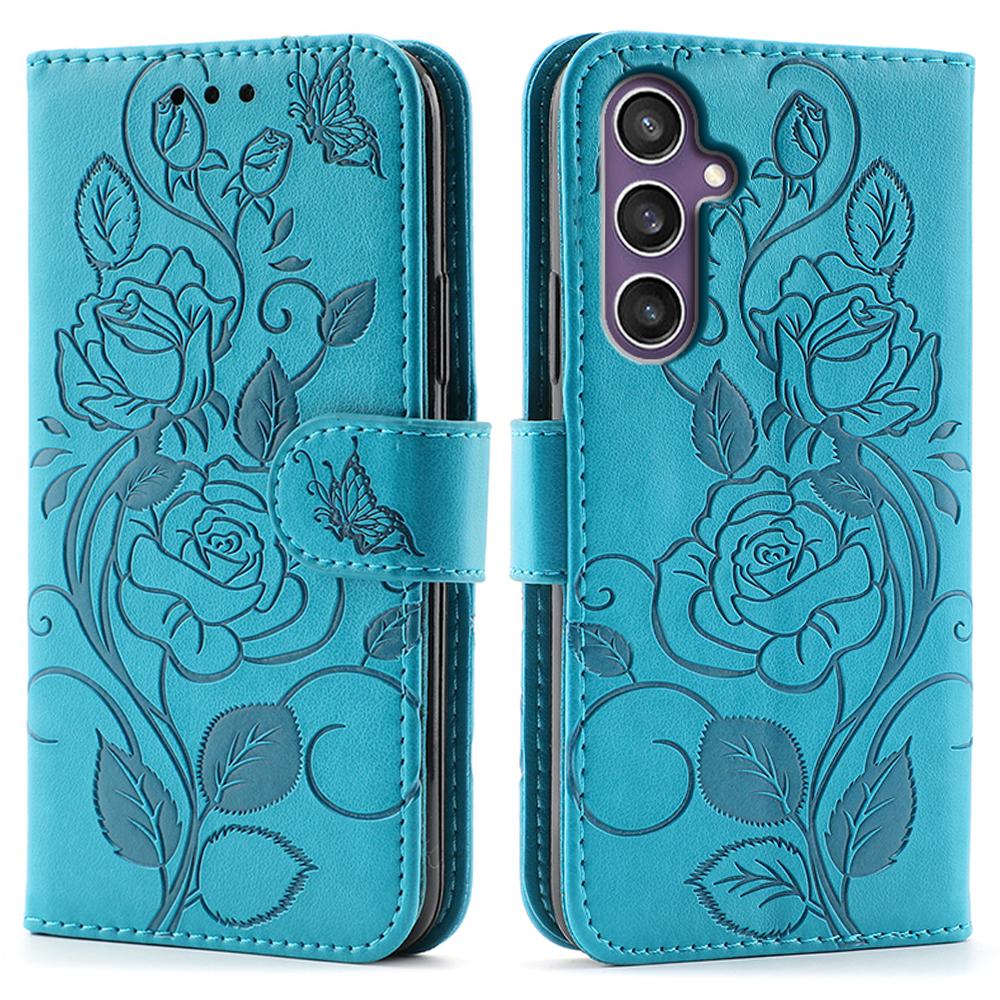 

For Samsung Galaxy S25/S24 Case Wallet Stand Imprinted Rose Butterfly PU Leather Phone Cover Blue