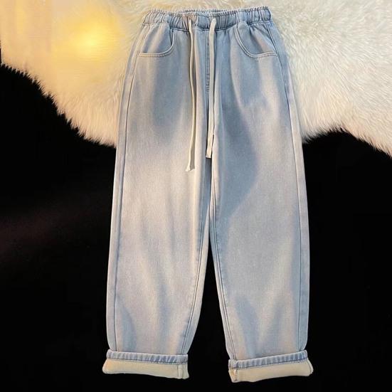 Jean d'hiver pour femme taille mi-haute élastique avec cordon de serrage réglable et poches, couleur unie, doublure en peluche épaisse, pantalon chaud