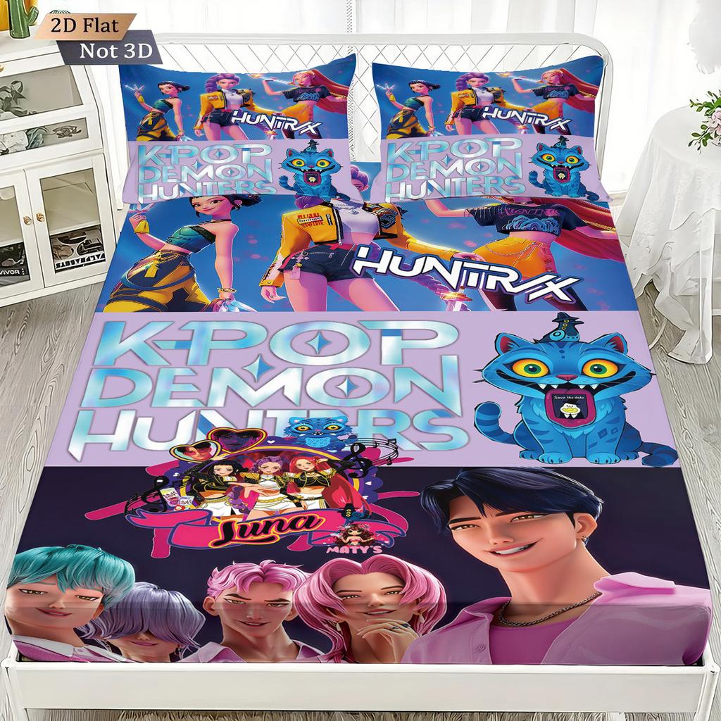 1pc K-Pop Demon Hunters Fitted Sheet Polyester Durablle Machine Washable Bedding Set for Home Bedroom Decoration Birthday Gift
