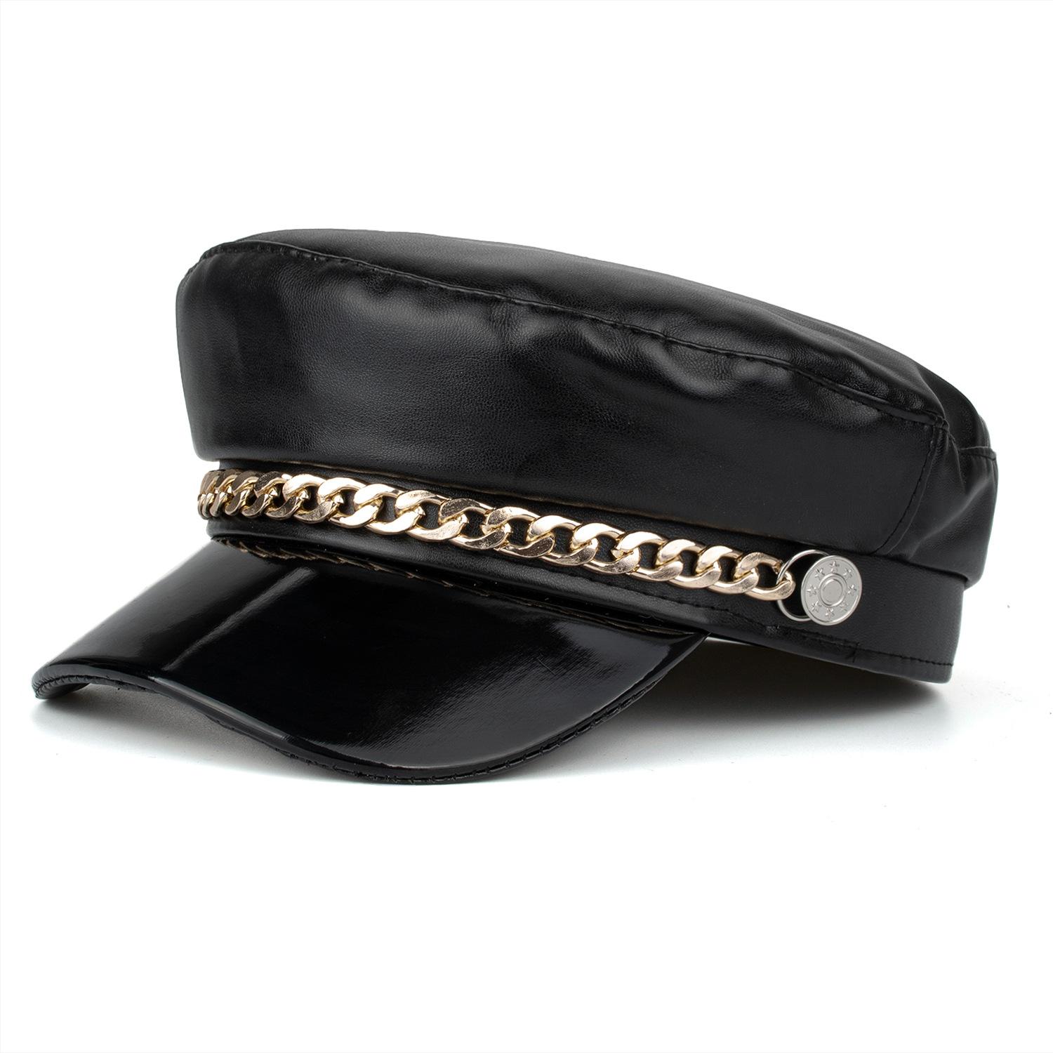 

Шляпная промышленность осень и зима новый продукт черный PU золотая цепь берет R one size fits all чёрный