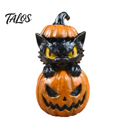 Small Window Display Figures Halloween Black Cat & Pumpkin Resin Ornaments, Cute Desktop Figurines, Artistic Craft Collectibles Cartoon And
