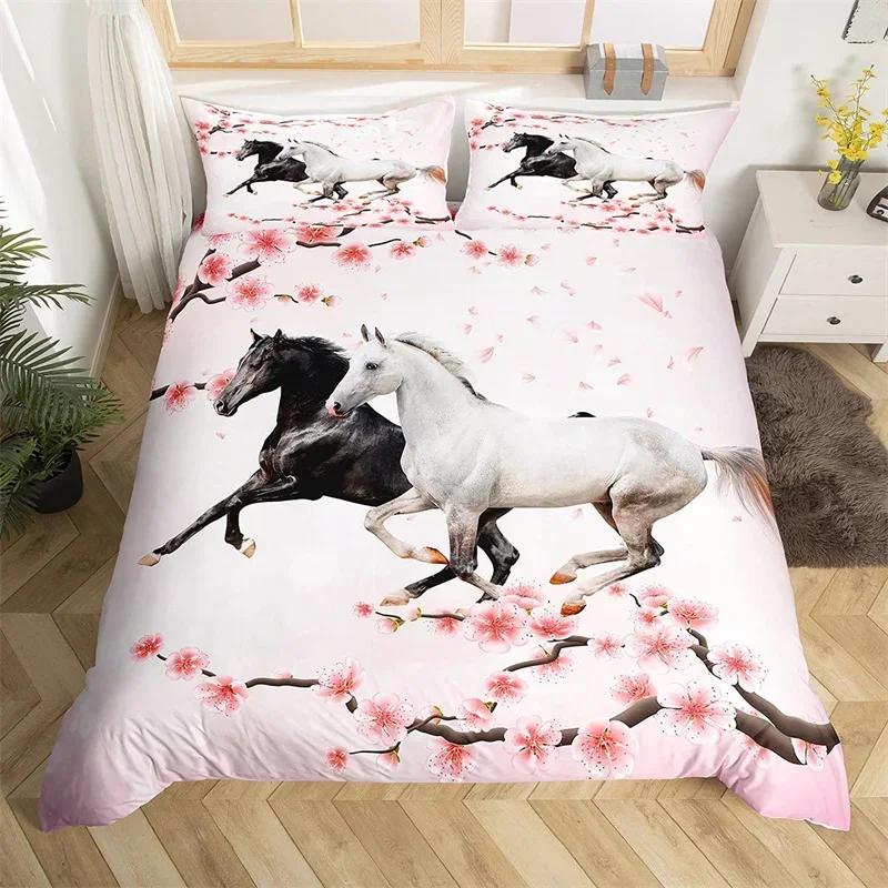 Horse Duvet Cover Butterfly Floral Comforter Cover Microfiber Western Farm Animals Bedding Set King For Kids Girls Bedroom Decor