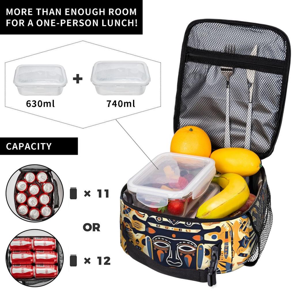 Bronze Cartoon Tribal Gesicht Isoliert Lunchtasche für Frauen Kinder Tragbar Lebensmittelboxen Thermische Lunchbox Tragetasche