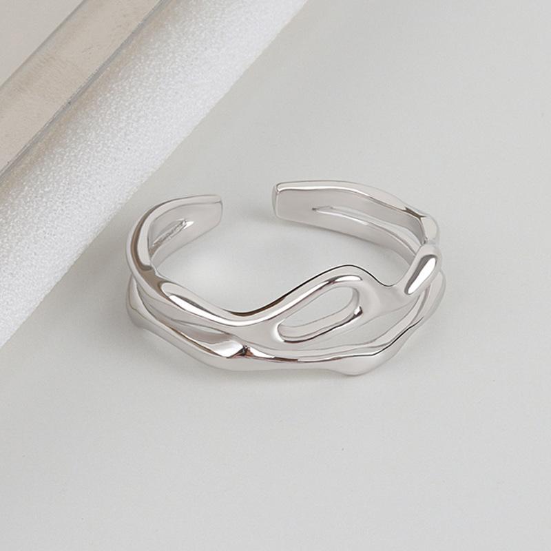 Silver Color Irregular Hollow Double Line Geometric Ring Female Simple Unique Design Fashion Adjustable