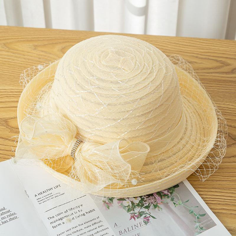 Curled Mesh Top Hat Summer Women's Fashion Hat Flower Veil Shade Basin Hat Sunscreen Sun Hat Large Brim