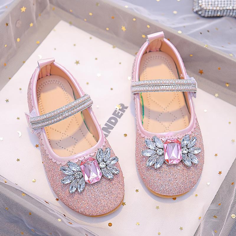 Girls' Rhinestone Princess Shoes: New 2025 Spring/Autumn Round-Toe Soft-Sole Shoes for Toddlers Ages 3-12, Perfect for Performances.
