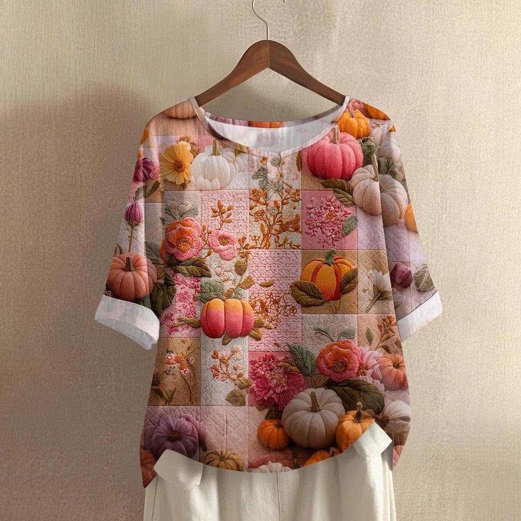 Damska codzienna bluzka z bawełny i lnu z nadrukiem Halloween z okrągłym dekoltem i rękawem 3/4