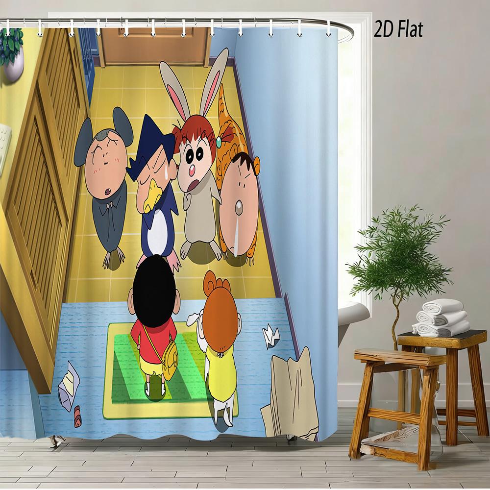 Crayon Shin-Chan Ufo & Shiro 2D Print Waterproof Shower Curtain, Green Anime Bathroom Decor With Hooks