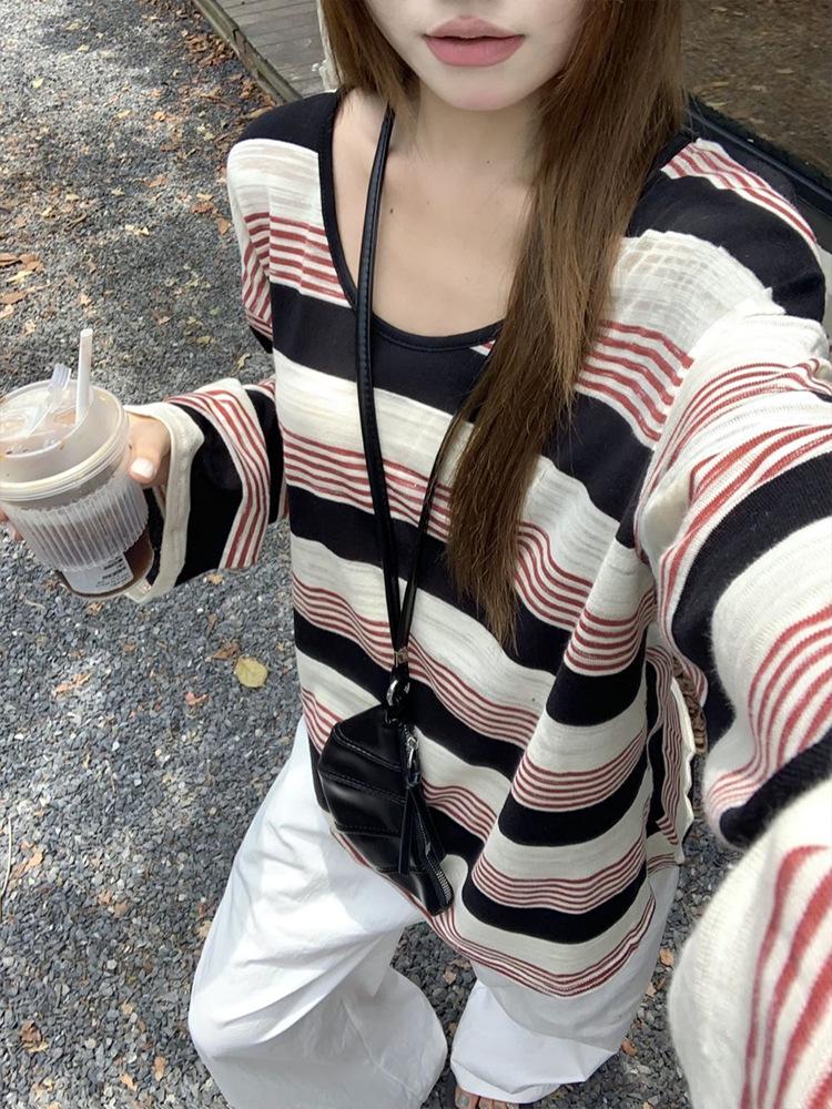 Hong Kong Retro Striped Sun Protection Loose Slimming Women's Long Sleeve T-shirt