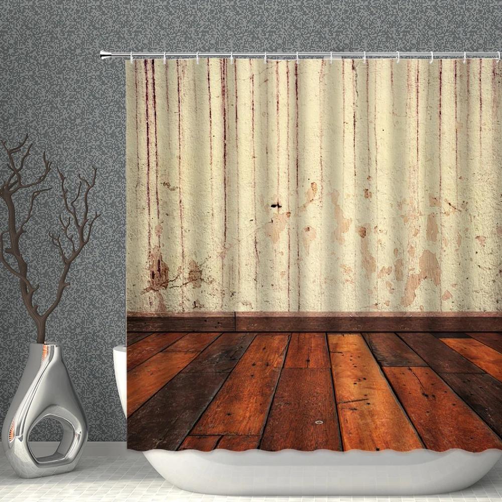 

Retro Wood Grain Shower Curtain Three Dimensional Space Print Bathroom Curtains Waterproof Polyester Fabric Bathtub Screen Decor W60H190(CM)-1 Pcs
