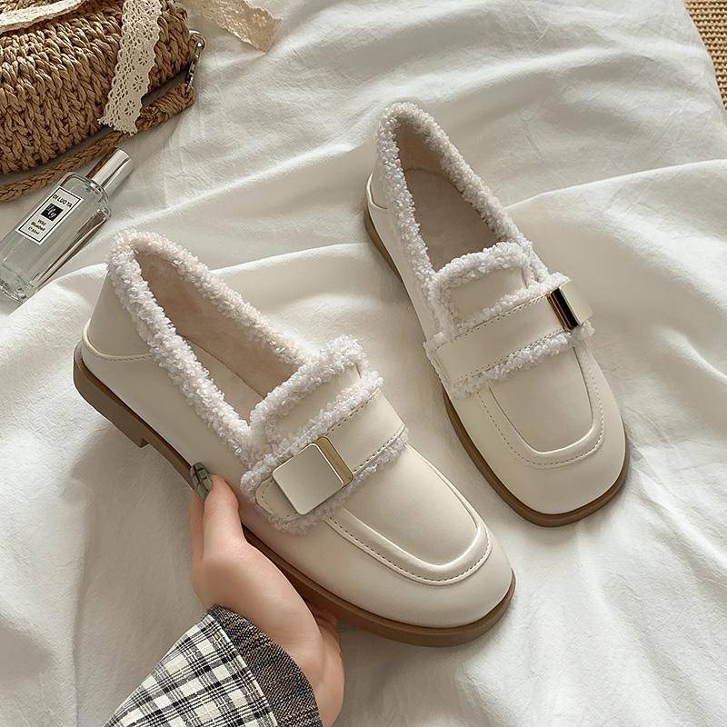 Winter New Flat Cotton Boots Women Round Head Deep Mouth Metal Belt Buckle Soft Sole Anti-slip Wear-resistant Low-top Shoes