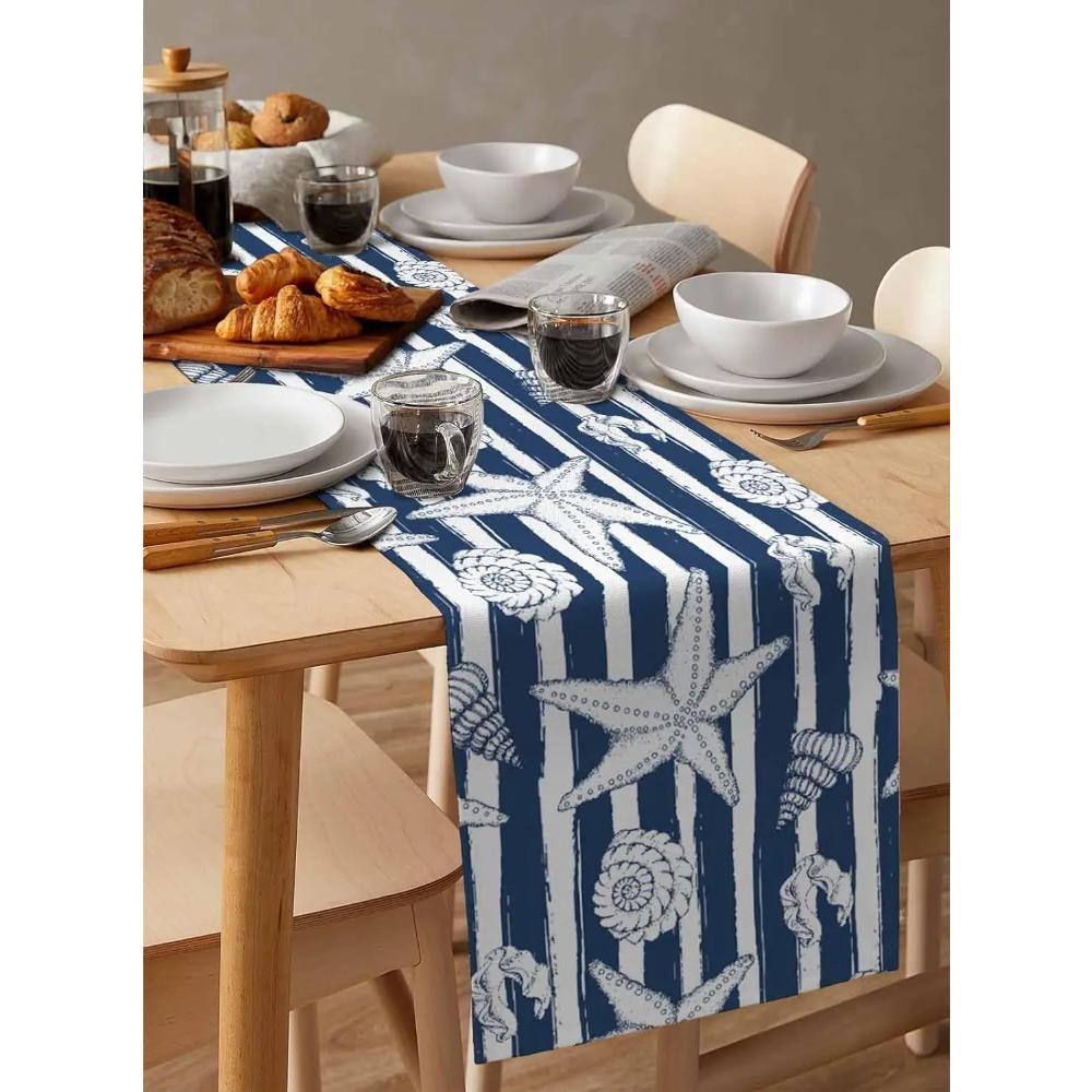 Nautical Ocean Blue Stripes Linen Table Runners Dresser Scarf Decor Washable Beach Conch Starfish Shell Table Runner Party Decor