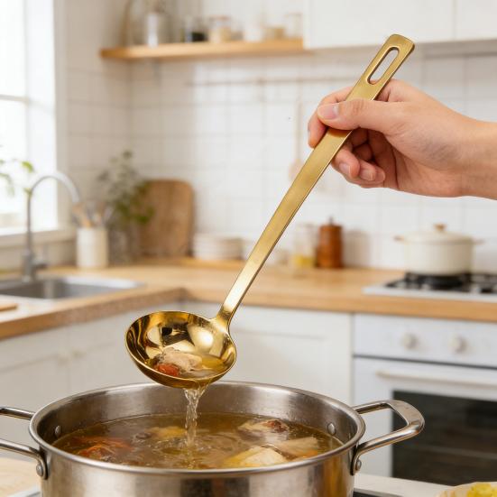 Stainless Steel Soup Ladle with Long Handle And Strainer 2-in-1 Kitchen Spoon for Serving And Filtering Easy To Store Hanging Hole Cooking Tools