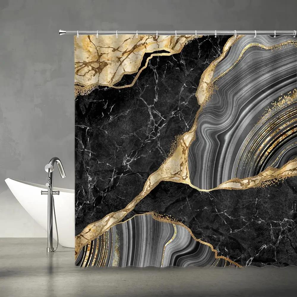 Marble Striped Shower Curtain For Bathroom, Waterproof Screen With Hook, White, Gray, Gold, Black, Decorative Accessories