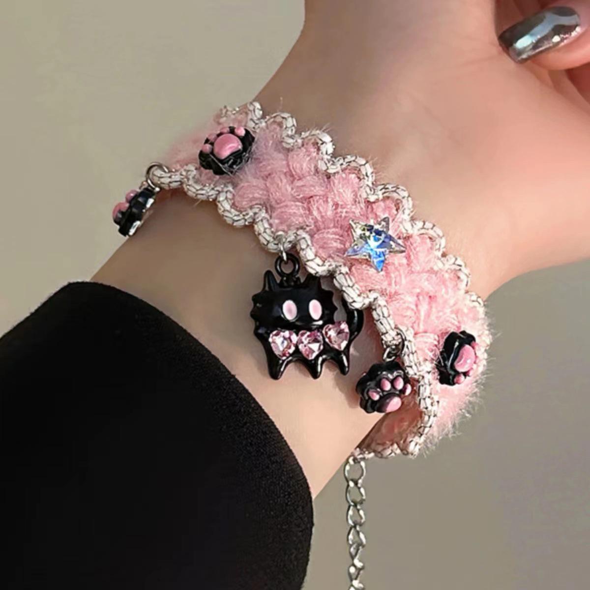 

Комплект из ожерелья и браслета с розовым пушистым кошачьим когтем - Милая, роскошная цепочка на ключицу