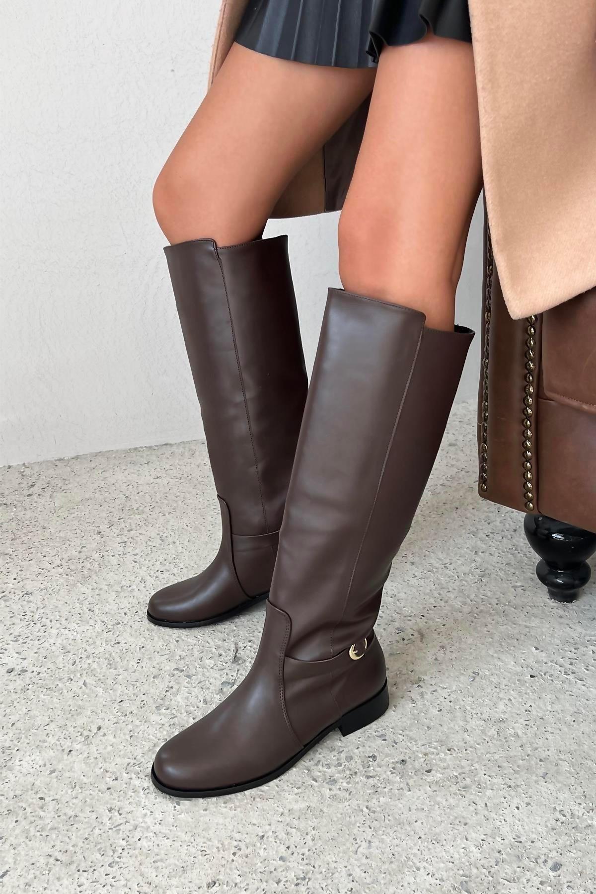 

Women Modern Stylish Fashion Boots Boots Faux Leather Lesa Side Buckle Detailed Riding Boots Brown 36