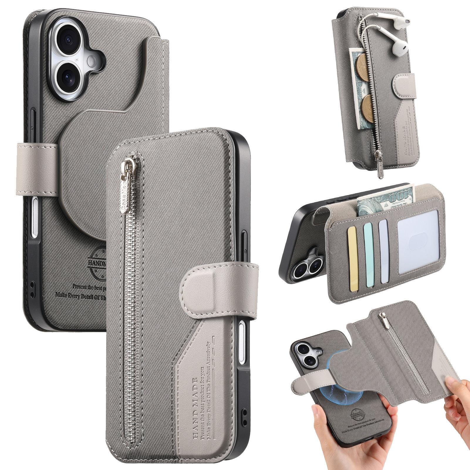 

Luxury Zipper Magnetic Cards Solt Wallet Leather Case For iPhone 17 Pro Max 16 Plus 15 Plus 14 13 12 11 Flip Bag Pocket Cover iPhone 15 Pro Max сірий колір