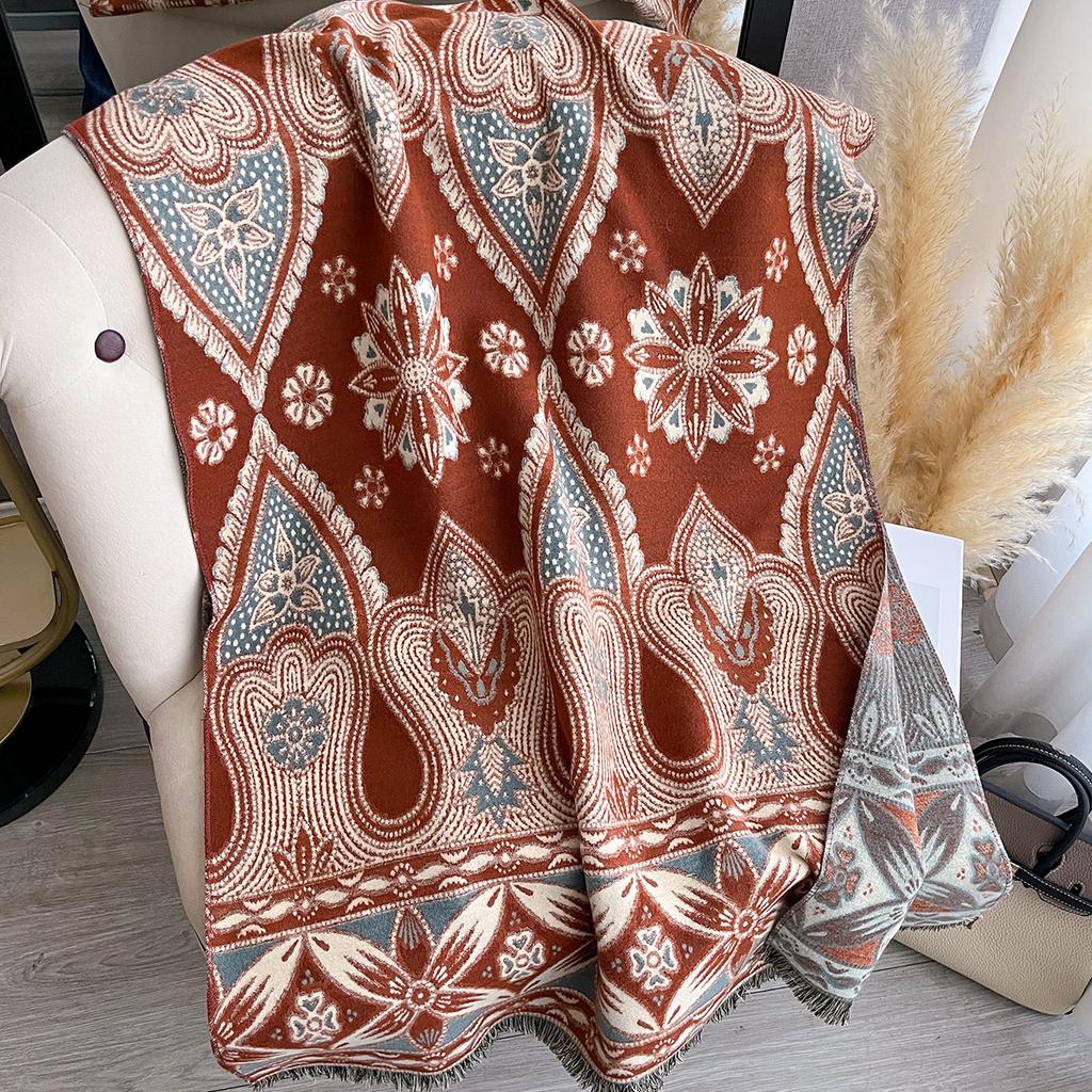 Women Two Sided Flower Print New Scarf Imitation Cashmere Soft Warm Pashmina Shawl Autumn Winter Coldproof Windproof Blanket
