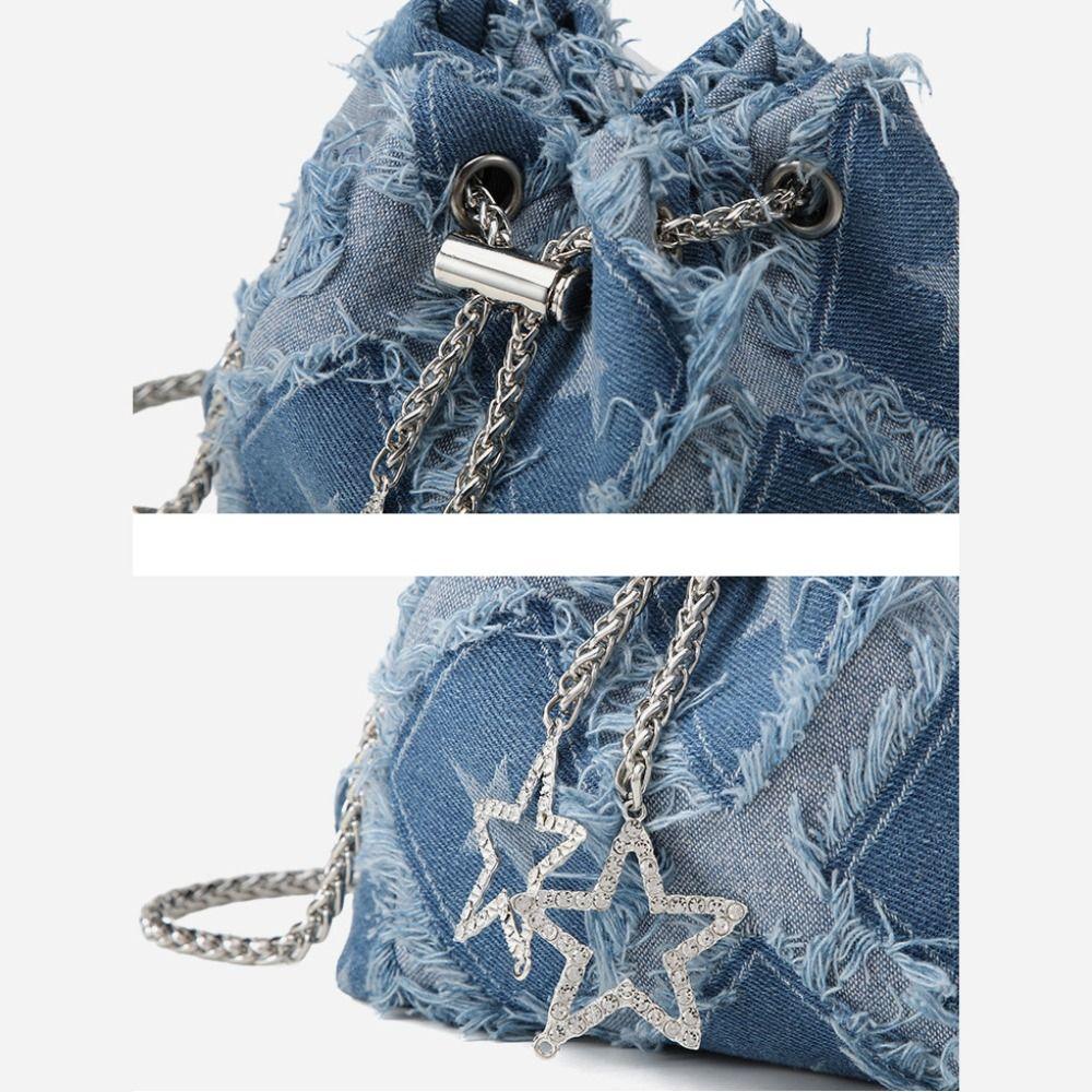 Drawstring Star Denim Bucket Bag Tassel Cloth Shoulder Bag Casual Metal Chain Crossbody Bag  Party