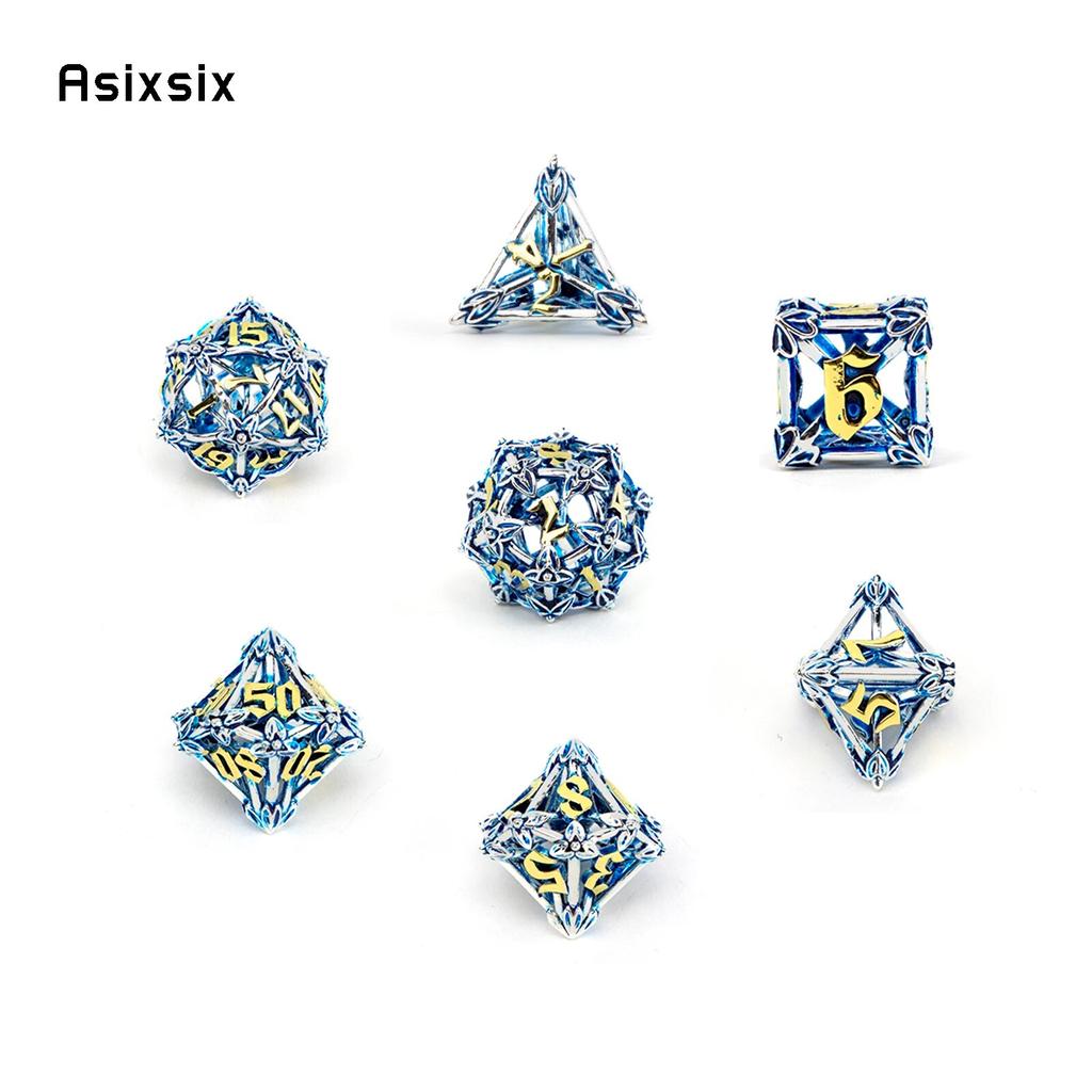 7 Pcs Silver Blue Leaf Flower Metal Dice Hollow Metal Polyhedral Dice Set Suitable for Role-Playing RPG  Board Game Card Game