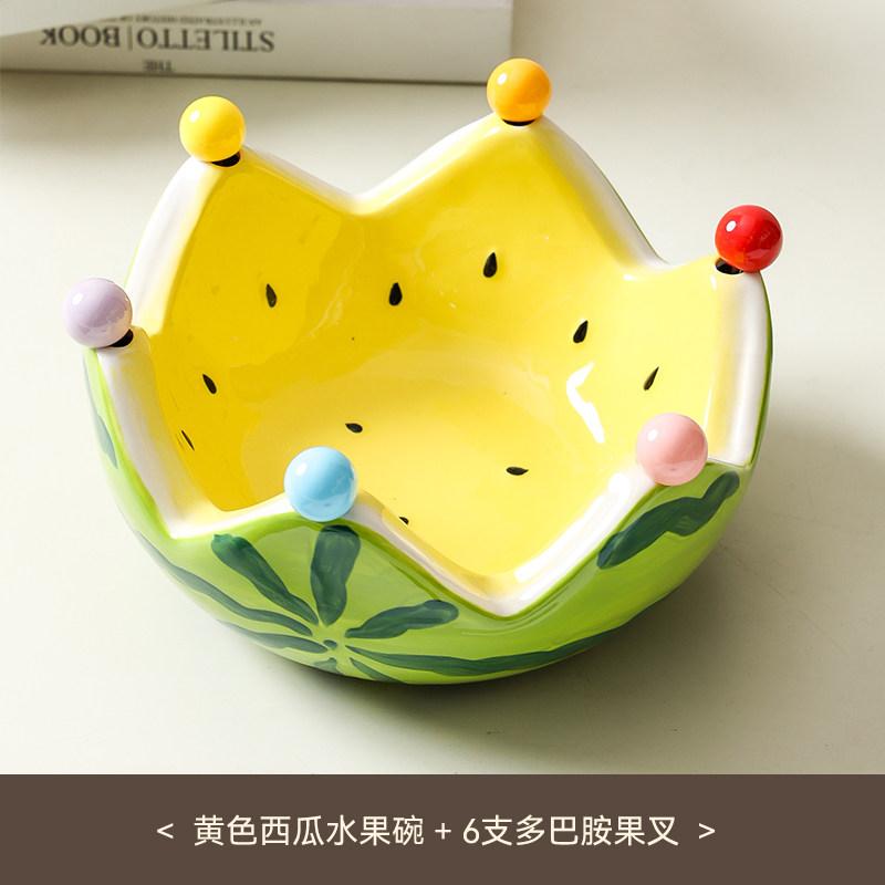 Creative Ceramic Watermelon Fruit Bowl with Fork for Home Living Room Fruit Plate Salad Bowl Cute Stainless Steel Fork