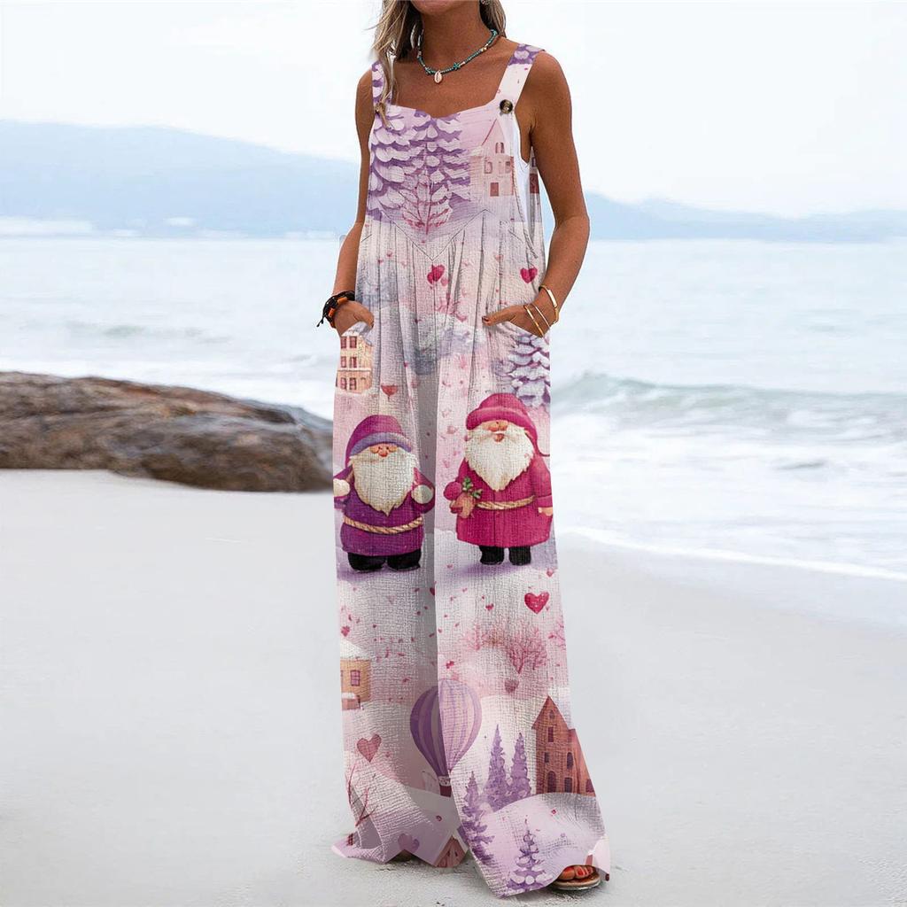 Women's Christmas Print Solid Wide Leg Strapless Tank Pocket Casual Onesie