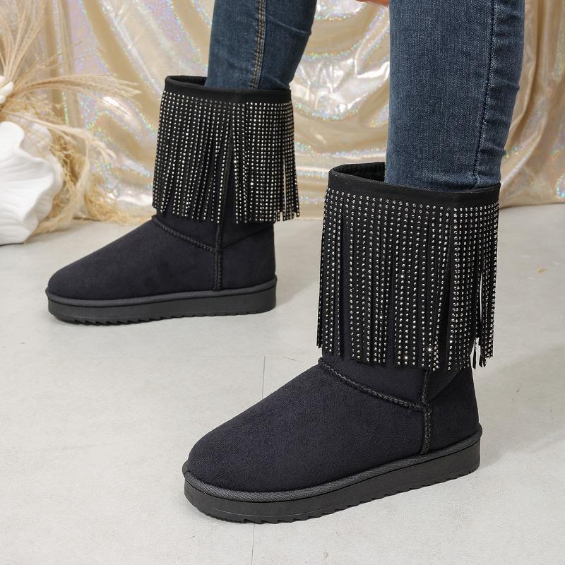New round head tassel medium tube snow boots women's thick-soled sleeve warm and piled thickened cotton shoes