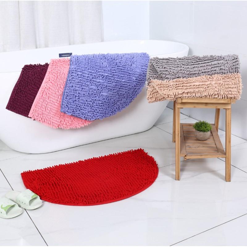 Inyahome Non-Slip Shaggy Chenille Half Round Bathroom Rug Soft Microfibers Bath Mat with Water Absorbent Machine Washable Blue
