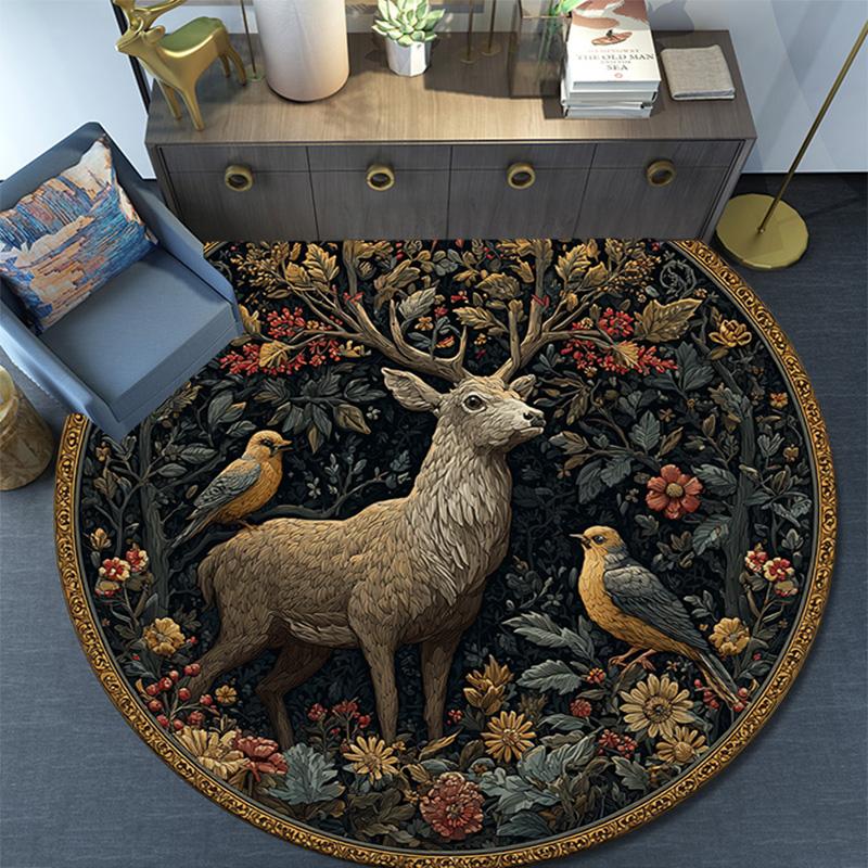 Deer in the Garden Round Area Rug,Carpet Rug for Living Room Bedroom Sofa Playroom Decor,Non-slip Floor Mat