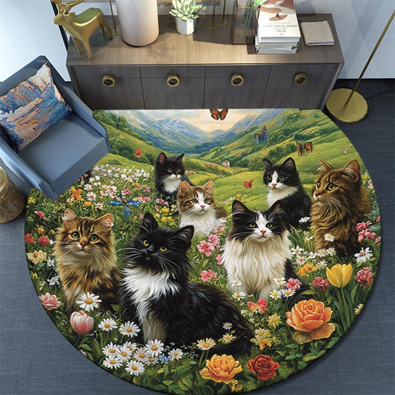 Cats In a Garden Round Area Rug,Carpet Rug for Living Room Bedroom Sofa Playroom Decor,Non-slip Floor Mat