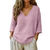 Donna Nuova Primavera Estate Cotone Slub Manica 3/4 Scollo a V Top, Blusa Casual Moda Larga
