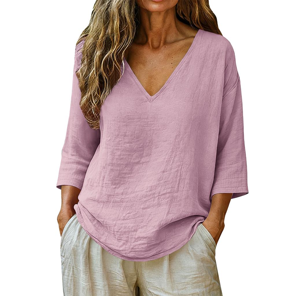 Donna Nuova Primavera Estate Cotone Slub Manica 3/4 Scollo a V Top, Blusa Casual Moda Larga