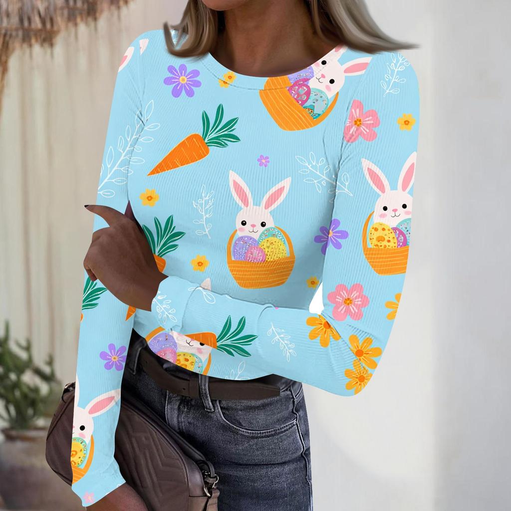 Women's Casual Fashion Round Neck Easter Print Long Sleeve Strip Top