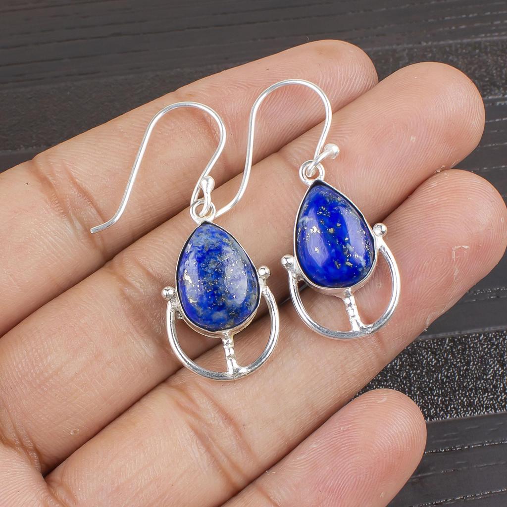 Natural Lapis Lazuli Gemstone 925 Sterling Silver Handmade Teardrop Earrings 1.60" Jewelry Gift For Engagement EE-47-31