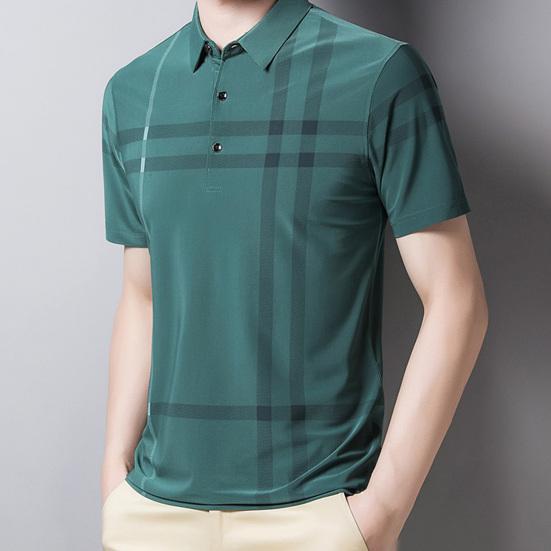 Herren Pullover Streifen Knitterfrei Eis Seide Kurzarm Slim Fit Hemd für Business