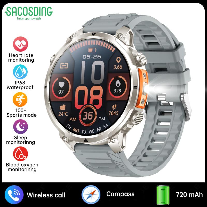 SACOSDING Smart Watch Men Outdoor Sports GPS Positioning Flashlight Altitude Air Pressure BT Calling Health Monitoring Smartwatch