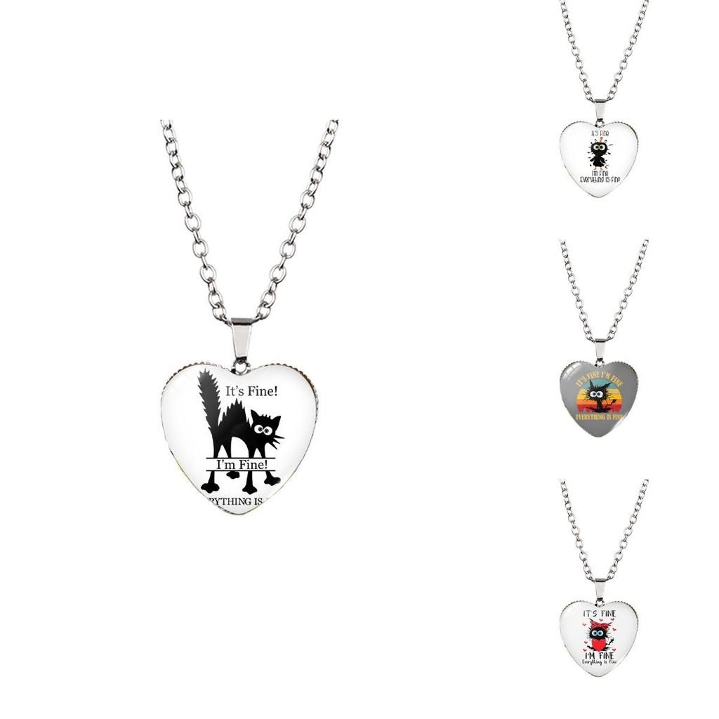 Elegant I'm Fine Everything Is Fine Heart Shaped Pendant Necklace With Adorable Vintage Black Cat Detail Ideal For Everyday Use