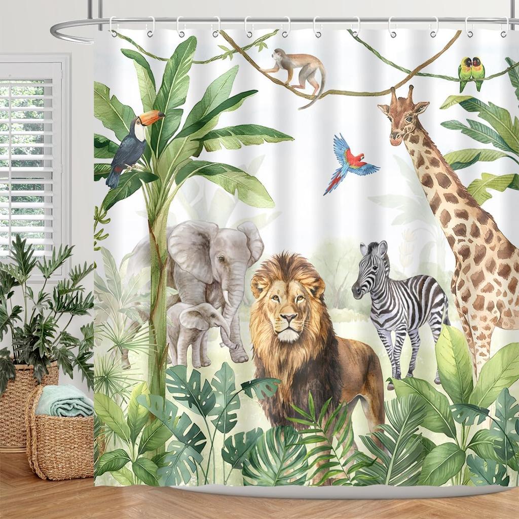 Wildtier Duschvorhang Dschungel Elefant Giraffe Zebra Regenwald Tropisch Safari Badezimmer Heimdeko Wasserdicht Polyester