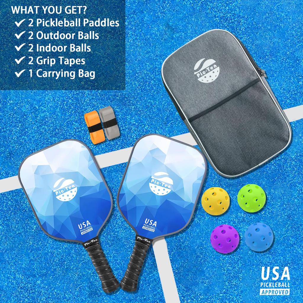 Pic-Ten Pickleball Paddle 2-Piece Set USAPA Approved Fiberglass Surface Lightweight High-Performance Polypropylene Honeycomb Core Non-Slip
