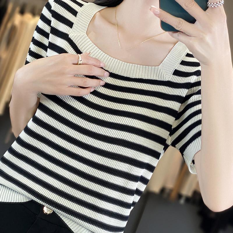 Women Sweaters Pullovers 2025 Summer Short Sleeve Square Collar Striped Black Knitted Sweater Women Tops Pullover JJ254