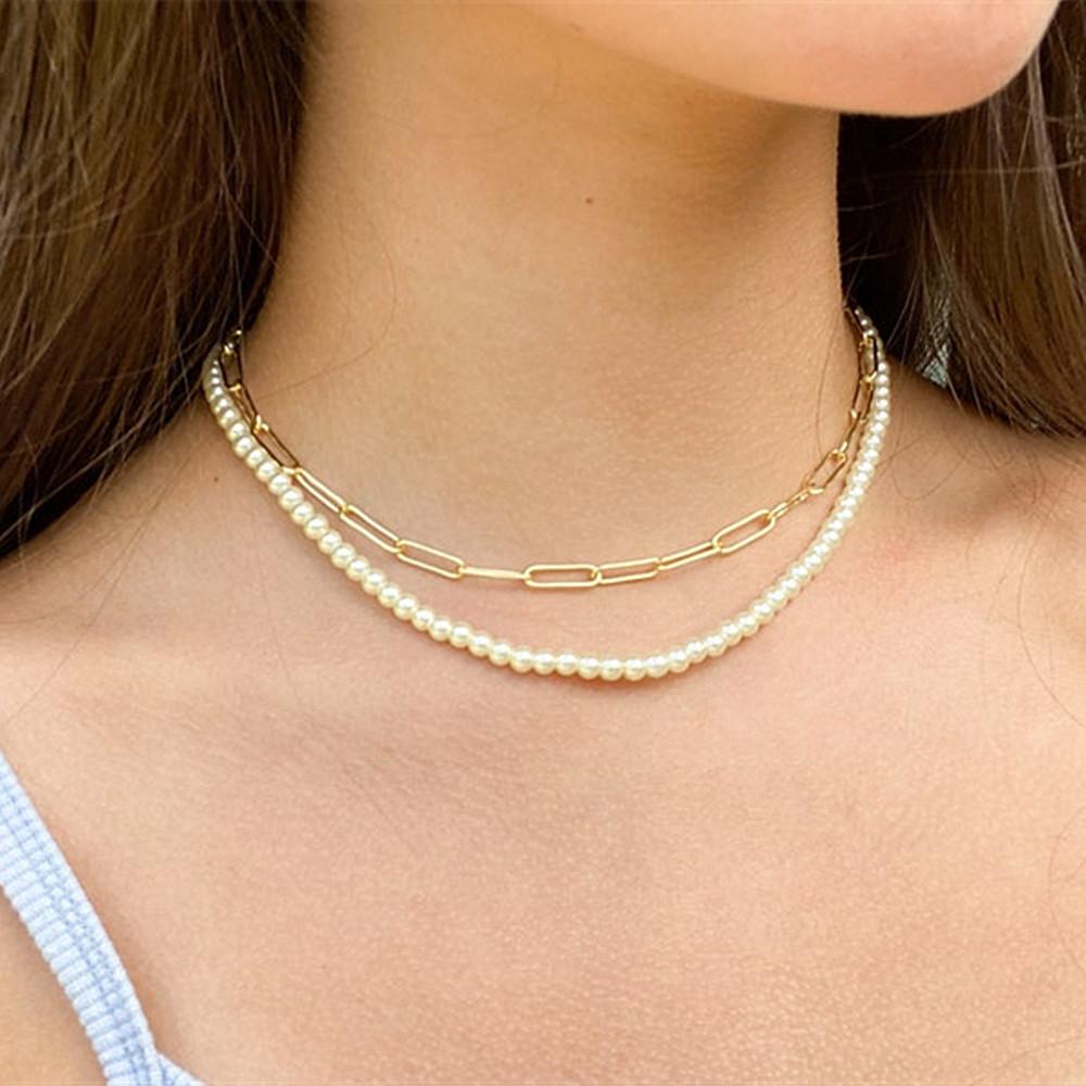 European and American Fashion, Simple Pearl Splicing Chain Necklace, Double-layer Women's Necklace Stacked with Wind Alloy Necklace