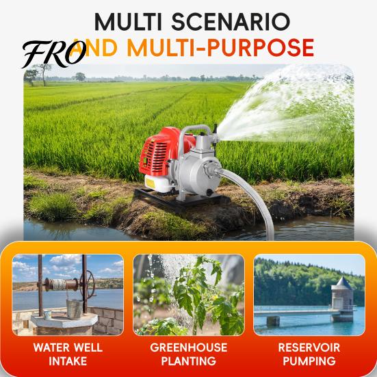 Portable Water Pump 1 Inch Semi Trash Pump, Gas Powered 2-Stroke Transfer 42.5CC Gasoline Engine, Max 98.43ft Lift, 35.66 GPM, with Handle