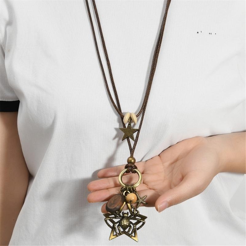 Retro Gothic Jewelry Pieces Alloy Spiders Charm With Cord And Wood Bead Detailing