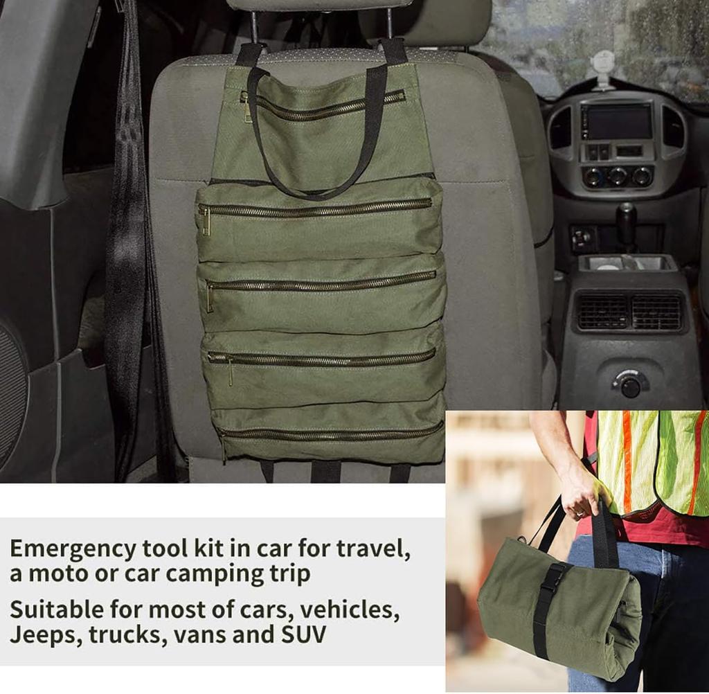 1pc Multi-Purpose Canvas Roll Tool Bag Car Tool Organizer First Aid Kit Storage Wrap Heavy Duty Portable Multiple Zipper Pockets