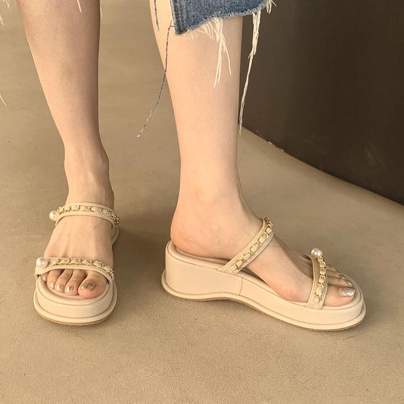 Chain Wedges Slippers Beach Women Shoes Platform Flip Flops New Summer Sandals Casual Mid Heels Shoes Pumps Mujer Slides